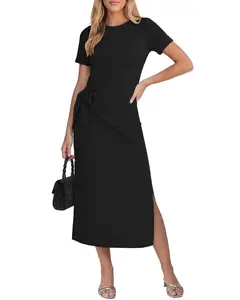 GRAPENT French Minimalist Chic Midi Dress | Cotton Blend T-Shirt Dress with Side Split & Self Tie Waist | Effortless Elegant Summer Vacation Outfit for Women summervibes