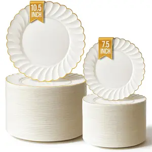 Scalloped Ivory and Gold Plates (100 Pack)