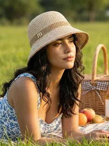 Summer 'm' Logo Fisherman Hat, Foldable Knitted Bucket Hat for Outdoor Use, Women's Versatile Sun Protection Hat, Sunscreen Hat