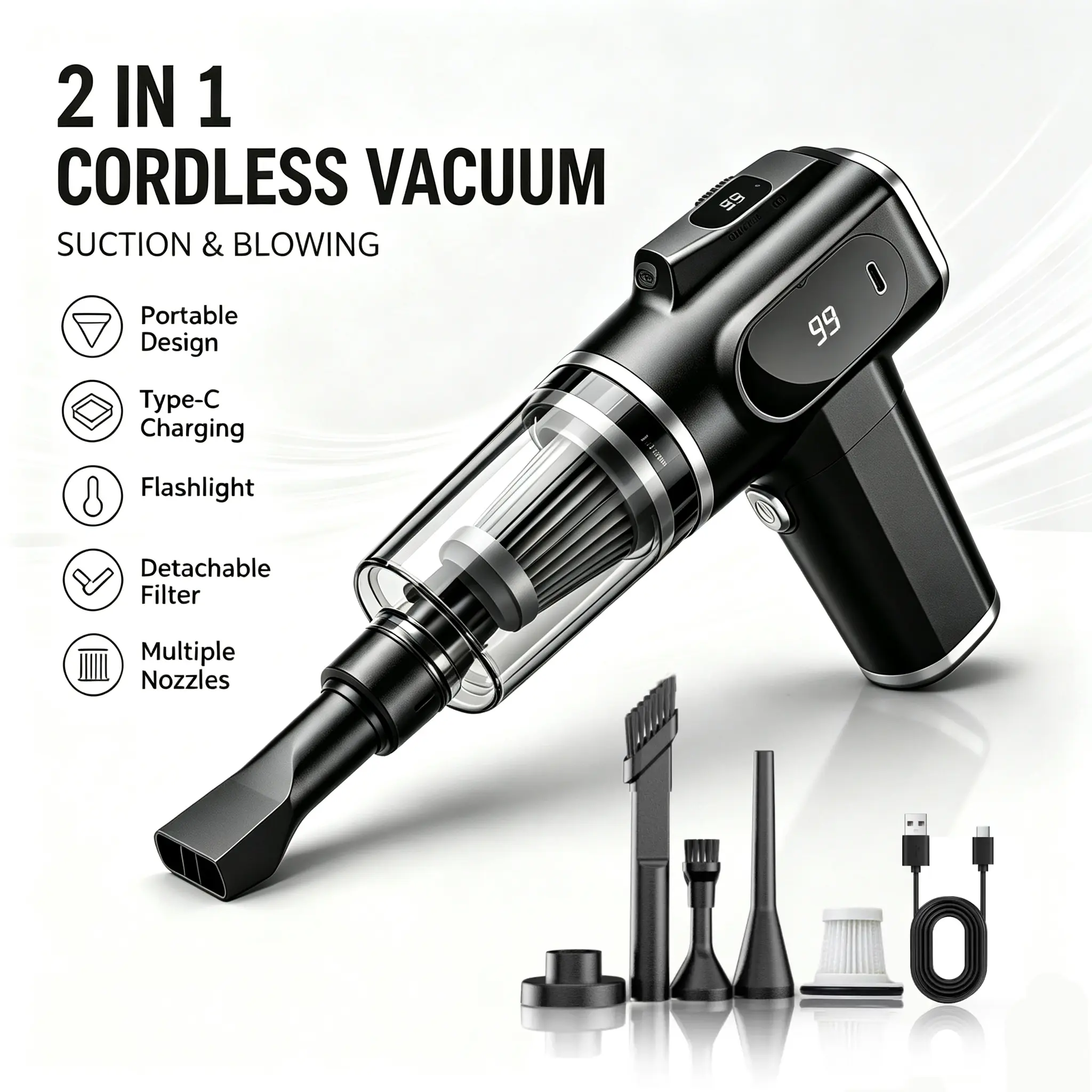 2-in-1 Cordless Handheld Vacuum & Air Duster, 5500Pa Powerful Suction Rechargeable Mini Vacuum Cleaner with 4 Nozzles, Portable Car Vacuum for Pet Hair, Home, Bed & Keyboard Cleaning, small mess, essential cleaning tool,lint