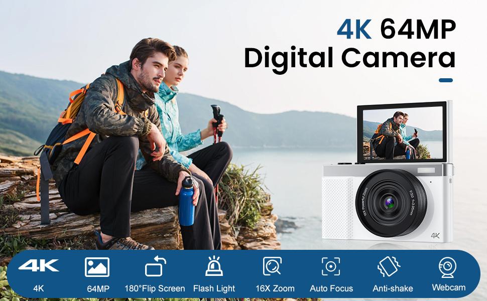 [Beginner Camera] 4K Digital Camera for Photography with 64MP, 3 Inch 180° Flip Screen, 16X Digital Zoom, 64GB Micro SD, Autofocus Vlogging Digital Camera White