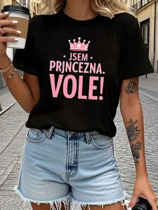 Women's Czech I'm A Princess Theme T-Shirt - Crown & Slogan Decor Casual Short Sleeve, Pink-Black Sweet-Cool Stylish Women Daily Street Top