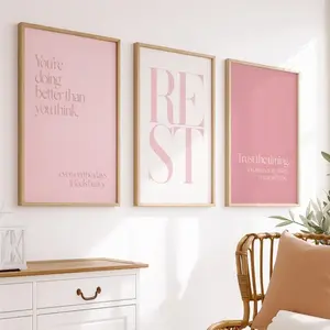 3 Pieces Pink Rest Quote Minimalist Serene Feminine Canvas Art, Gentle Text Wall Mural, Cozy Home Art, Modern Minimalist Gallery Decor, Soft Tone Painting, Wall Decor for Living Room and Bedroom, Framed or Unframed Options Available.