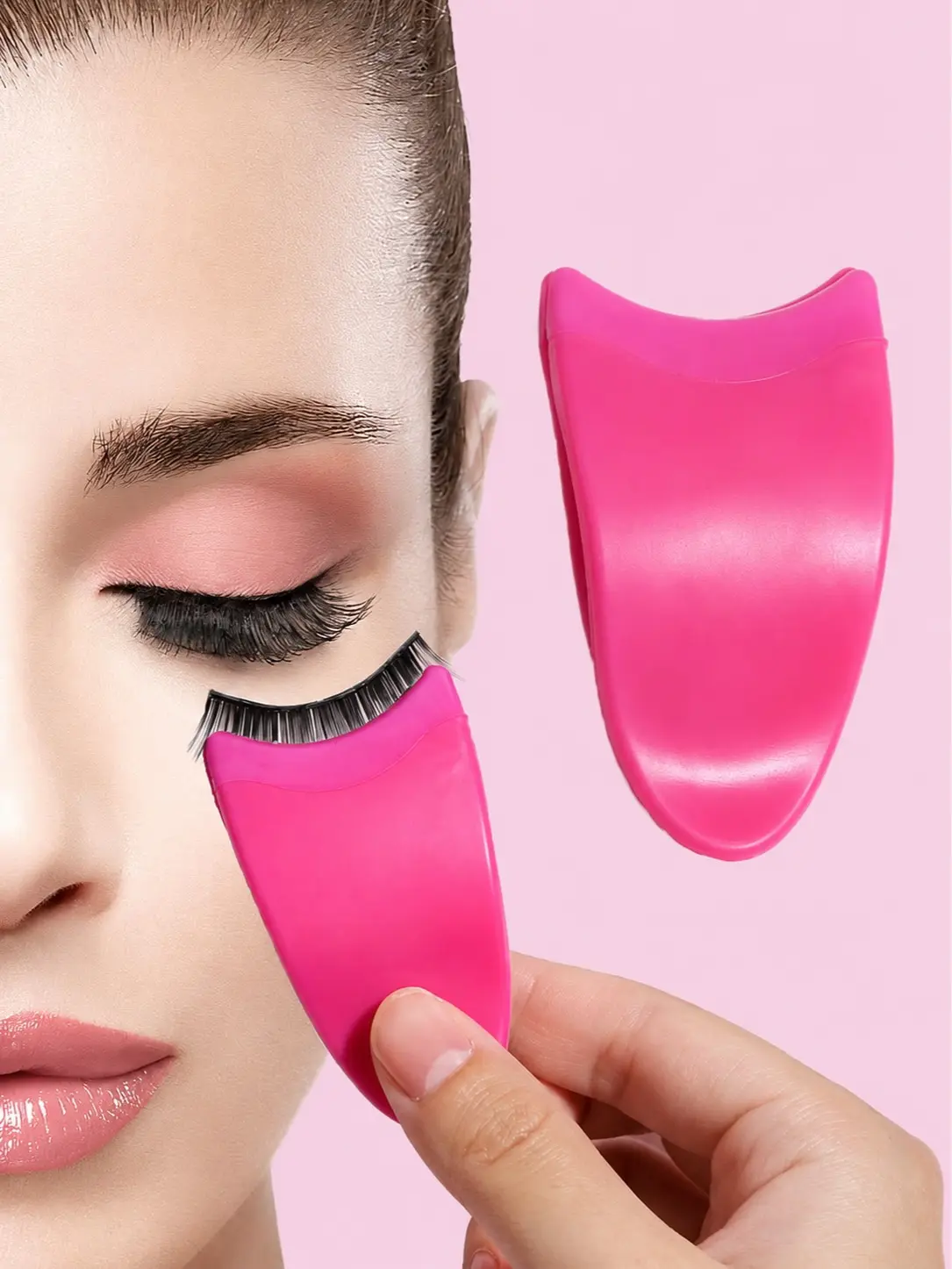 Pink False Eyelash Applicator Tool, Curved Lash Placement Helper for Strip Lashes, Easy Grip Makeup Accessory for Eyelash Application, Beauty Routines and Makeup Bags