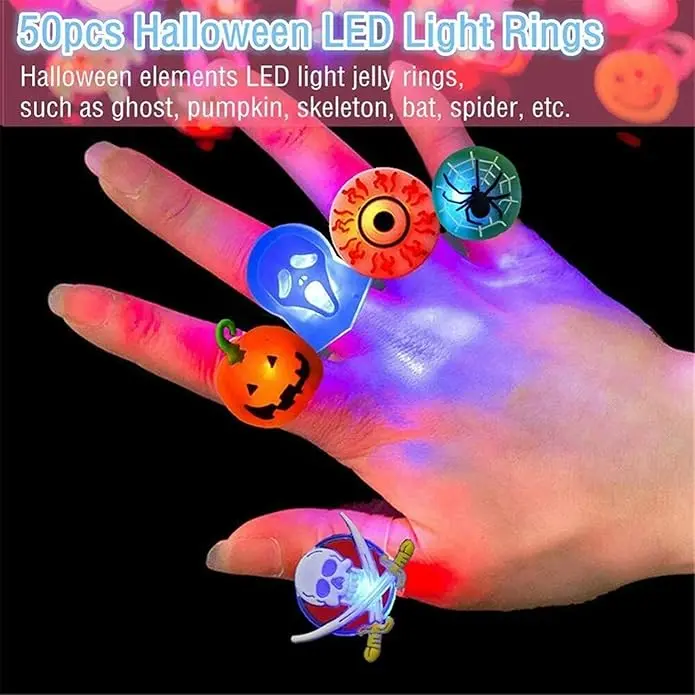 Happy Halloween 50 Pack 3D LED Glow Ring Light Up Toys Glow in the Dark Flash Finger Rubber Ghost Pumpkin Skeleton Favors for Kids & Adults Party Decorations
