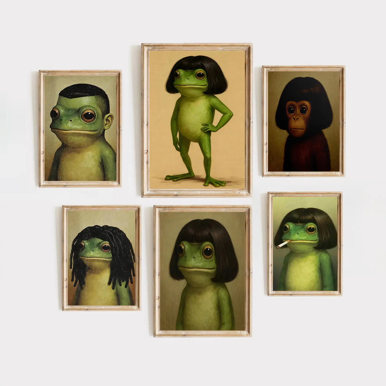 Funny Frog Portrait Canvas Print, Green Frog And Haircut Art Poster, Chic Home Wall Decor, Stylish Animal Room Decor