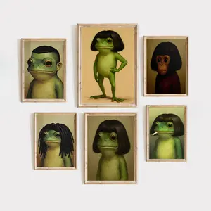 Funny Frog Portrait Canvas Print, Green Frog And Haircut Art Poster, Chic Home Wall Decor, Stylish Animal Room Decor