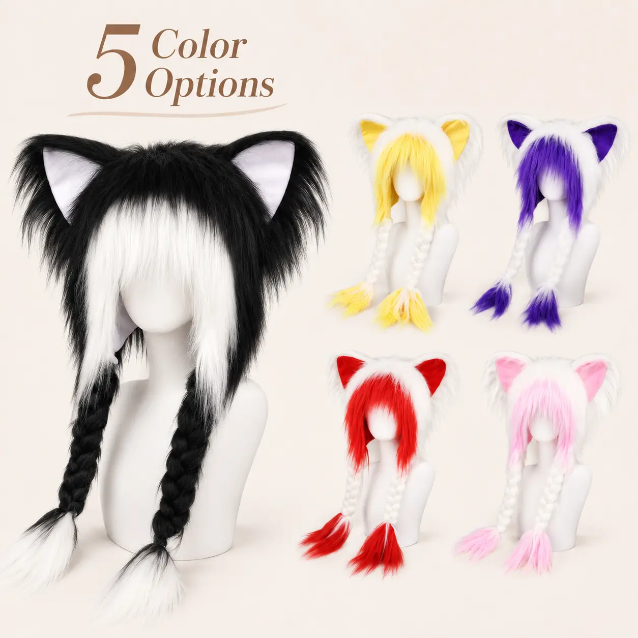 Faux Fur Cat Ear Hood Hat with Braids, Y2K Anime-Inspired Furry Cosplay Headpiece, Unisex Plush Hood for Festivals, Photoshoots & Streetwear