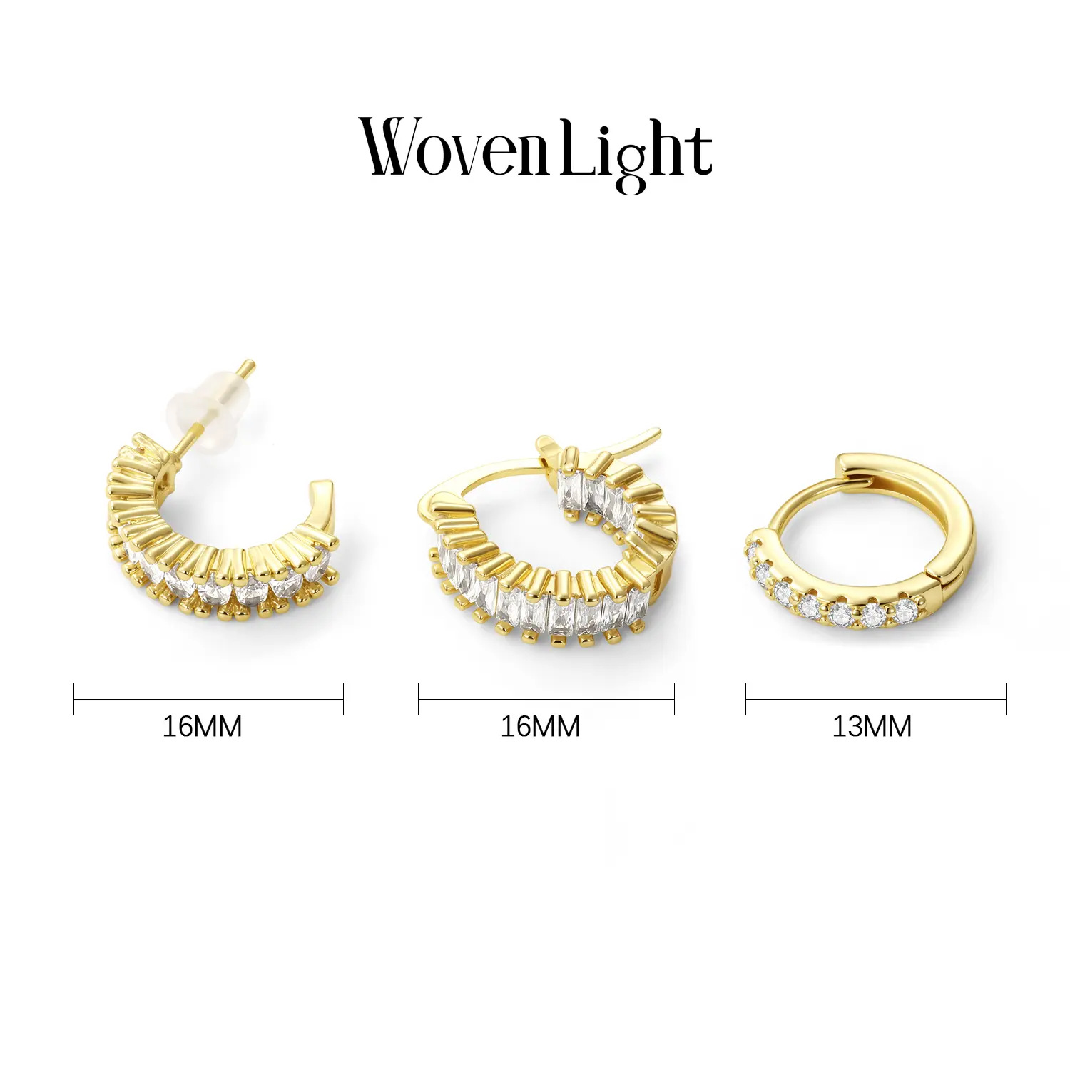 Gold Plated Huggie Earrings for Women, 3 Pairs Cubic Zirconia Hoop Set for Ear Stacking, Hypoallergenic Lightweight Tarnish-Resistant Jewelry Gift Set, Earring Stacks, Mini Hoop Earrings