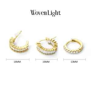 Woven Light Sparkling Cubic Zirconia Gold Hoop Earrings Set for Women - 3 Pairs Hypoallergenic Lightweight Huggie Earrings, Elegant Everyday Fashion Jewelry Gift Set