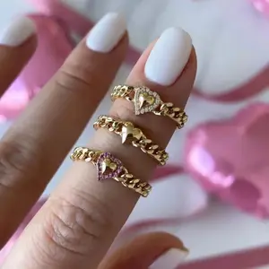 Puffy Gold Heart Pave Outline Cuban Chain Ring