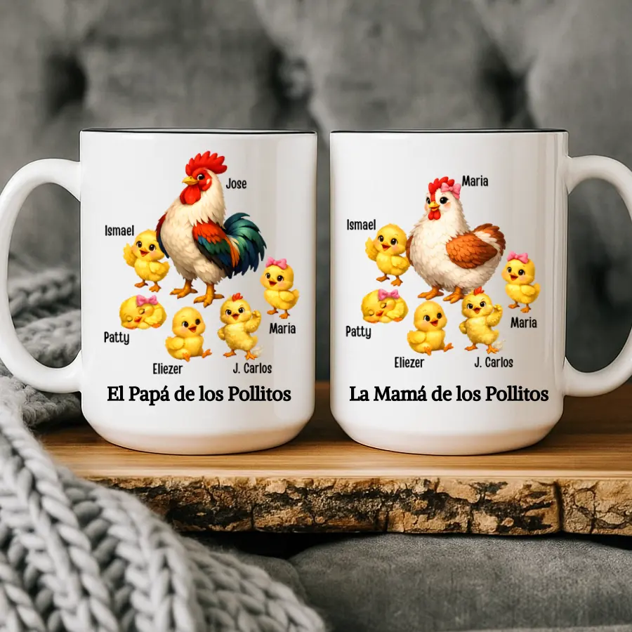 Papa & Mama De Los Pollitos Mug | Personalized Mom & Dad Mug Gift | Custom Name Coffee Cup | Mother’s Day Gift, Father’s Day Gift, Birthday & Anniversary Gift for Parents, Mexican Dad Gift, El Papa Mas Chingon Gift,Latino Parents Gift,Mexican Husband Gift