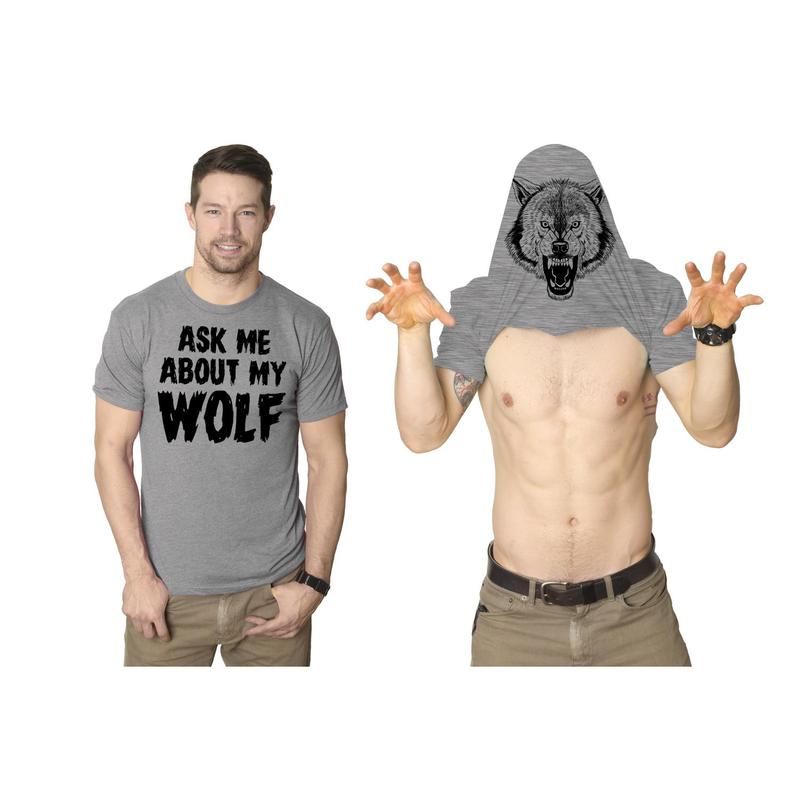 Ask Me About My Wolf Flip T Shirt Cool Design Funny Saying Novelty Graphic Mens Funny T Shirts Cool Vintage Fashion T-Shirt Gift Classic Menswear Flip Apparel for Men Funny Animal Short Sleeve Novelty Tees for Light Grey