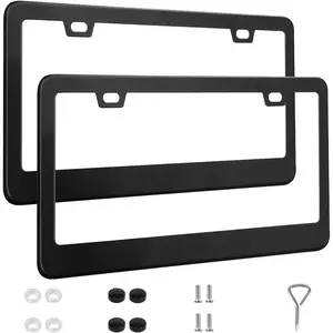 2 Pack License Plate Frames, Stainless Steel Car License Plate Cover Car Accessories with Screw Caps (Black)