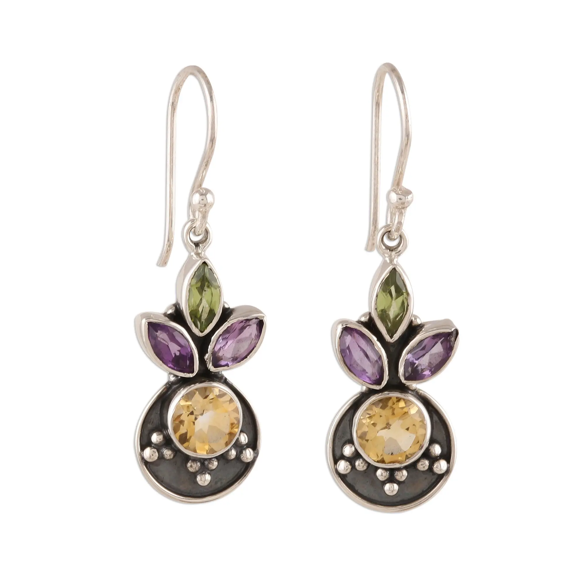 Novica Artisan Handmade Multigemstone Dangle Earrings 3Carat From India Sterling Silver Citrine Amethyst Peridot Birthstone [1.5 In L X 0.4 In W X 0.1 In D] ' Glittering Melody'
