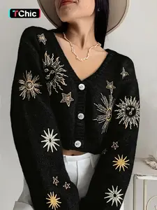 Women's V Neck Single Button Sun Star Embroidery Knit Sweater, Loose-Fitting Long Sleeve Casual Style Knitwear Cardigan for Fall & Winter