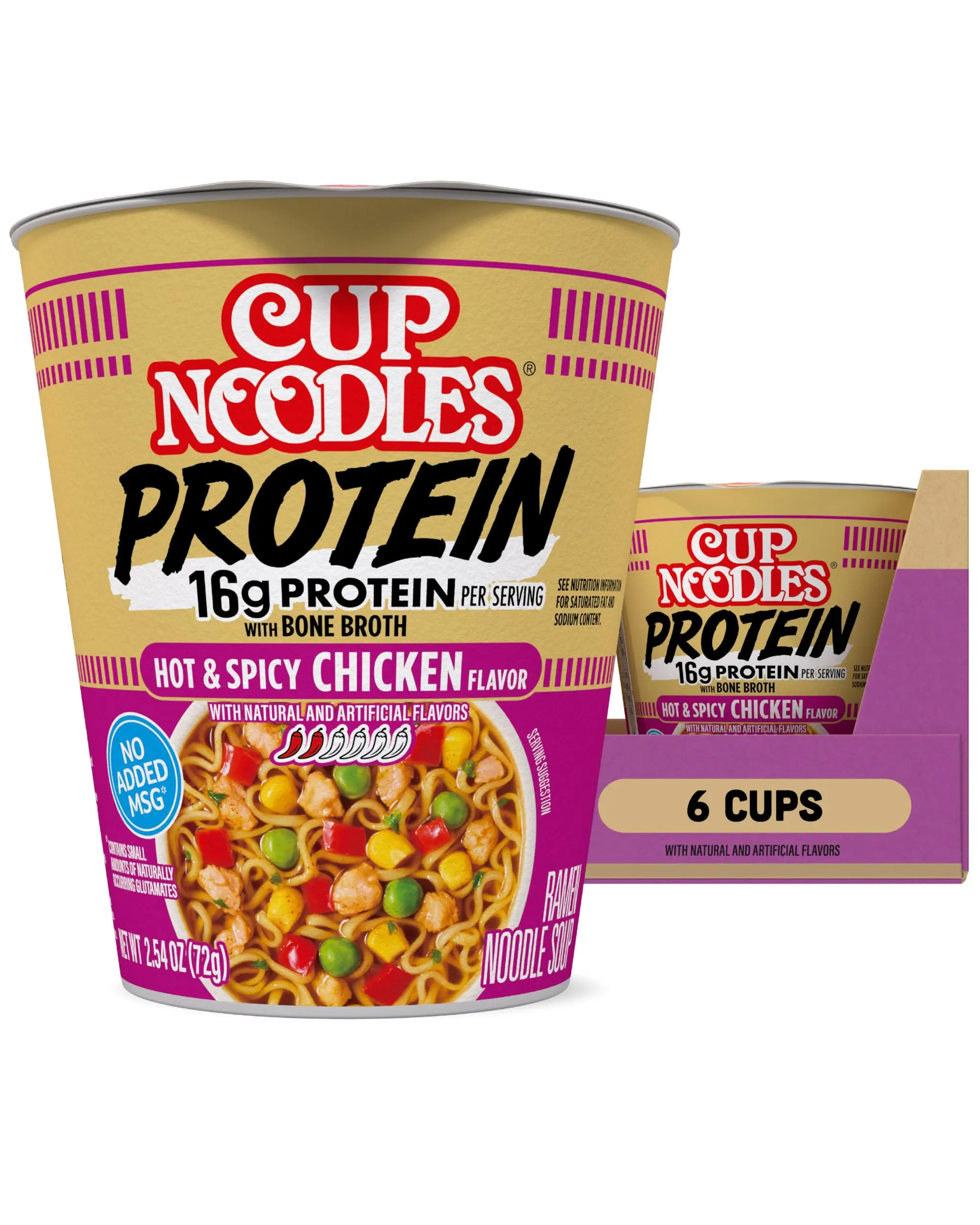 Nissin Cup Noodles Protein Ramen, Hot and Spicy Chicken Flavor with Bone Broth, 16g Protein, 6 Pack