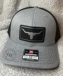 Cow Skull/ longhorn Gray Richardson 112 Trucker Hat black and silver Leatherette Patch- Christmas gift Wallen Hats/Gift for him and Her.