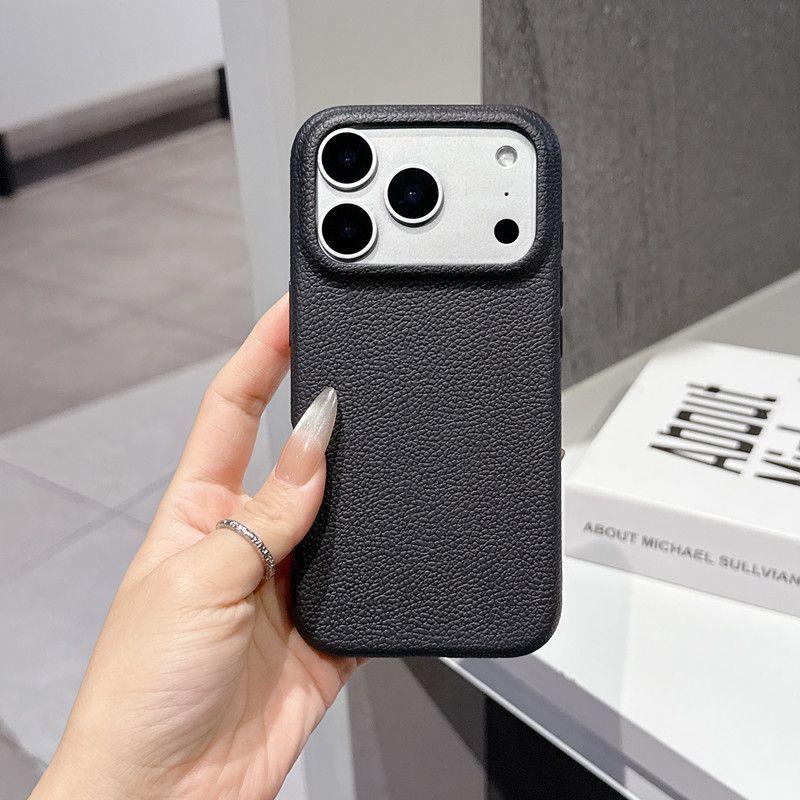 Premium Litchi Grain Real Leather iPhone Case Compatible with MagSafe, Anti-Fingerprint Clear Grip Slim Protective Cover with Soft Microfiber Lining, Shockproof for 12/13/14/15/16/17 Pro/Pro Max/Plus/Air