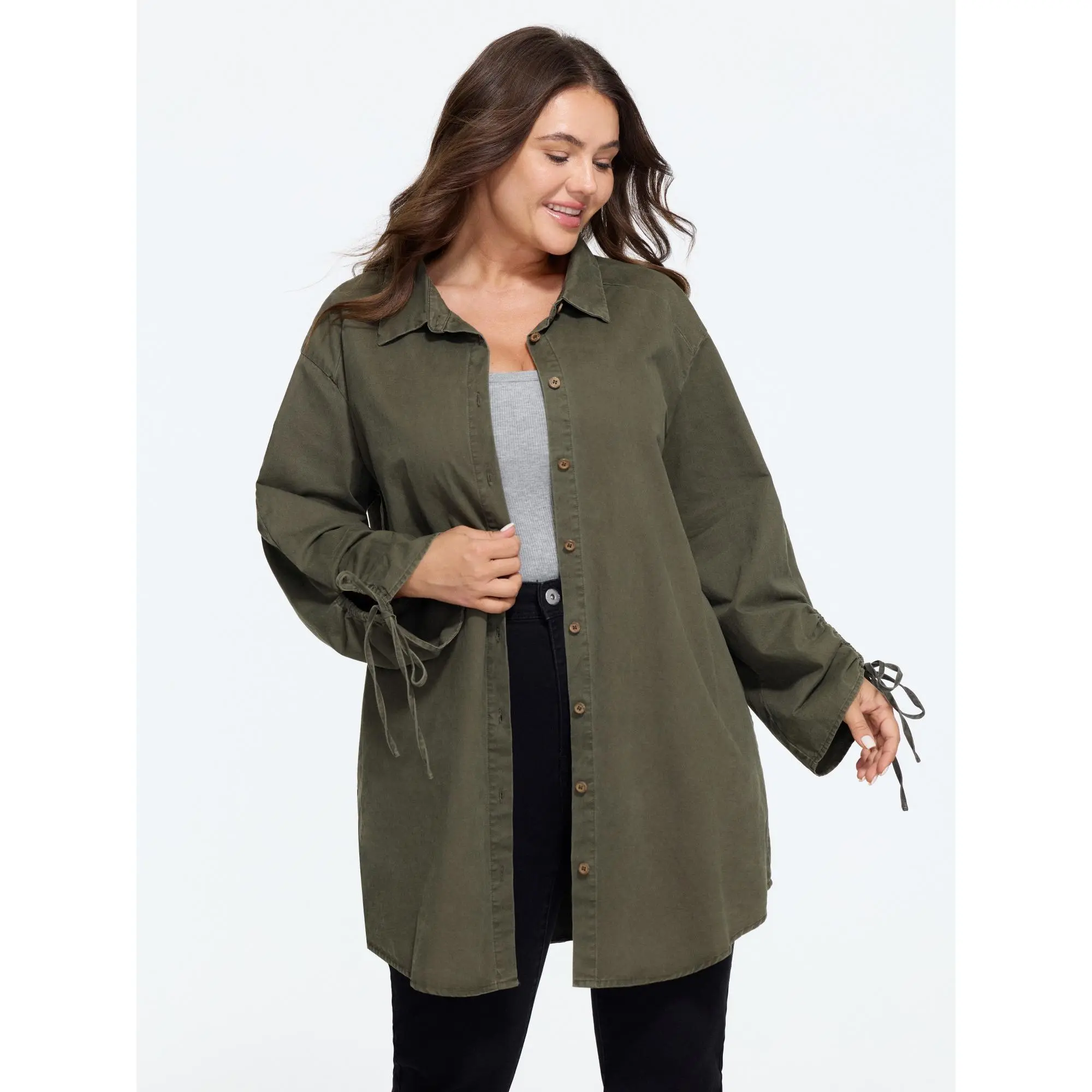 BloomChic Plus size，Cotton Vintage Drawstring Cuff Button Down Jacket[M-6X]Back To School,Fall Pick, Spotlight Day，SohoChic