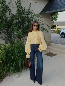 Elegant Women's Casual Stand Collar Sheer Long Sleeve Shirt Blouse, Ruffle Hem, Lantern Sleeves, Button Front, Lightweight Chiffon, Summer Top