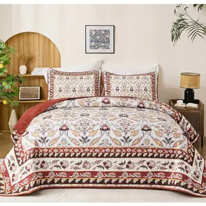 DJY Queen Size Sets, Burgundy Floral Set Queen 3 Pieces Red Boho Bedspread Coverlet Set with 2 Pillowcases Soft Lightweight Microfiber Bedding for All Season (96"x90")