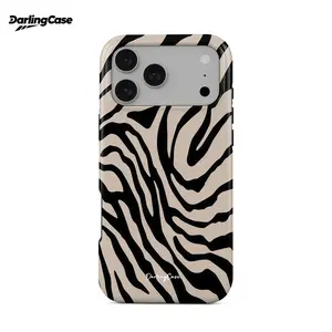 DarlingCase Beige Black Zebra Print Phone Case for iPhone 17 Pro Max 16 Pro 15/14/13/12 Pro Max- Old Money Preppy Edgy Aesthetic, Cute Glossy Protective Case, Durable Silicone Double-layer Protective Cover Gift for Girls Women