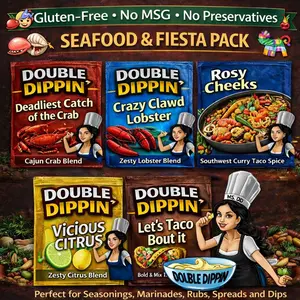 Double Dippin "Seafood & Fiesta 5 pack" Seasonings, Marinades, Rubs, Spreads & Dips!