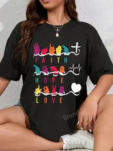 100% Cotton Unisex Faith Hope Love ASL American Sign Language T-Shirt Graphic Casual Round Neck Tee