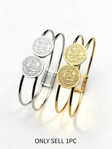 St Benedict Medal Stainless Steel Open Bangle Unisex, Catholic Religious Jewelry, Adjustable Vintage Coin Pendant Bracelet, Christian Gift