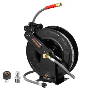 Pressure Washer Hose Reel With Hose, 3/8" X 50 FT Steel Auto-Retractable High Power Wash Hose Reel, Heavy Duty Dual Arm Hose Reel 4000 PSI, Black