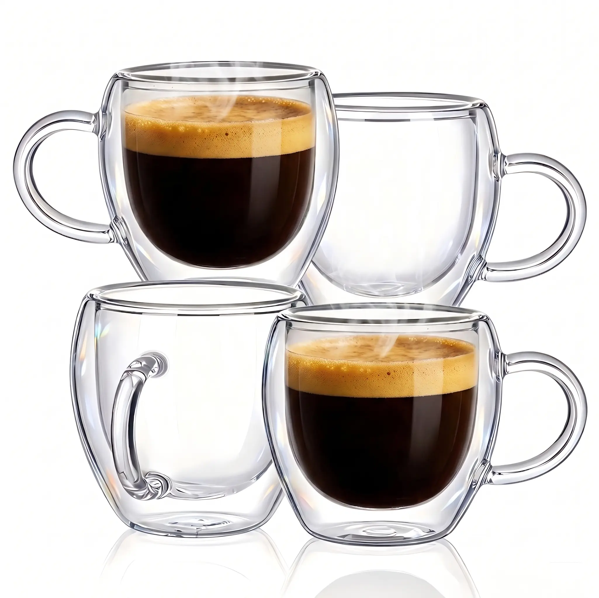 4Pack-Double-Walled Glass Espresso Cups with Handles, Clear Espresso Cups, Essential for Beverages, High-Borosilicate Glass, Tea Cups, Cappuccino Cups, Latte Cups, Crystal Glasses, Coffee Cups, Handheld Cups, Compatible with Espresso Machines