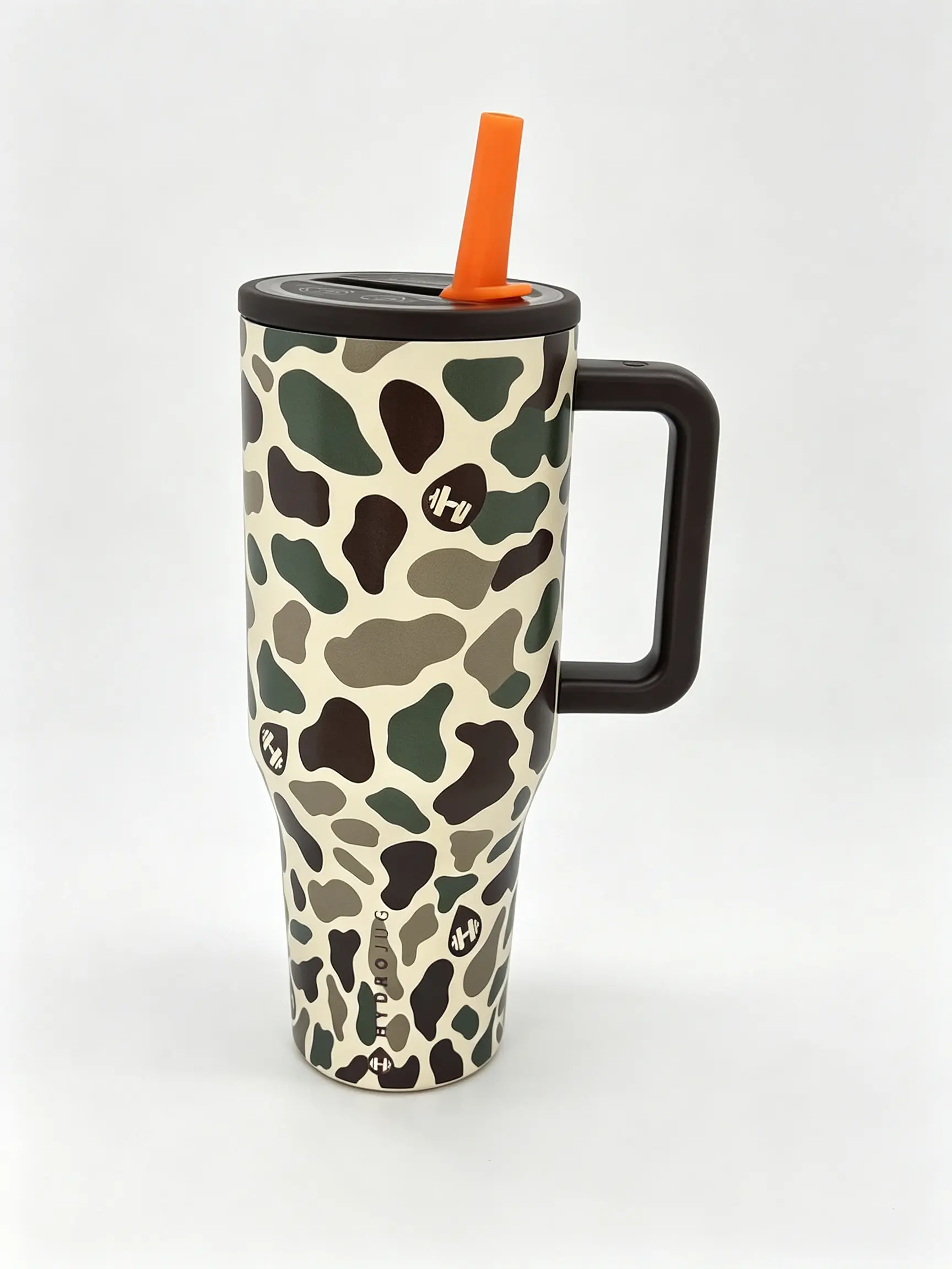 HydroJug Traveler 40 oz Insulated Stainless Steel Tumbler with Handle and Straw, Vintage Green Brown Camo Cow Print, Leakproof BPA-Free Double Wall Vacuum Water Bottle, Fits Car Cup Holders, 24 Hour Cold Retention, Portable Travel Drinkware for Outdoor