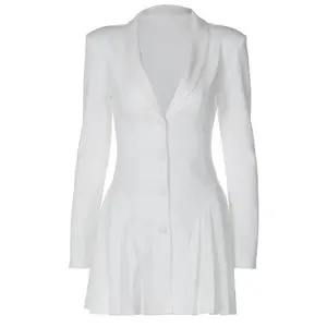 Women's Elegant Deep V-Neck Long Sleeve Buttoned Pleated Mini Blazer Dress