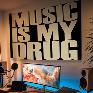 Tapestry  Music is My Drug' Tapestry - Bold Black and Golden Wall Art, Machine Washable - Ideal for Bedroom, Living Room, Dorm Decor, Perfect Gift,