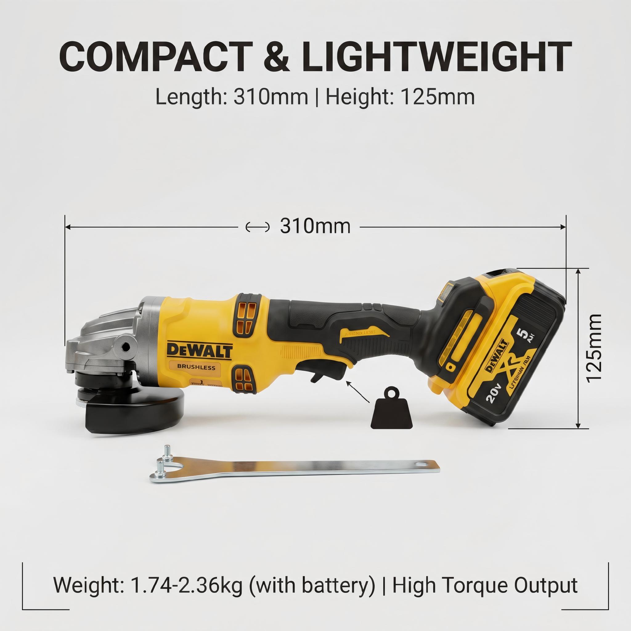DeWalt DCG405-125 20V Brushless Angle Grinder 125mm Wheel 800W 9000 RPM for Weld Grinding & Pipe Beveling – 6mm Thick, M14 Spindle, Hex Fastening, Full Kit with Battery & Charger