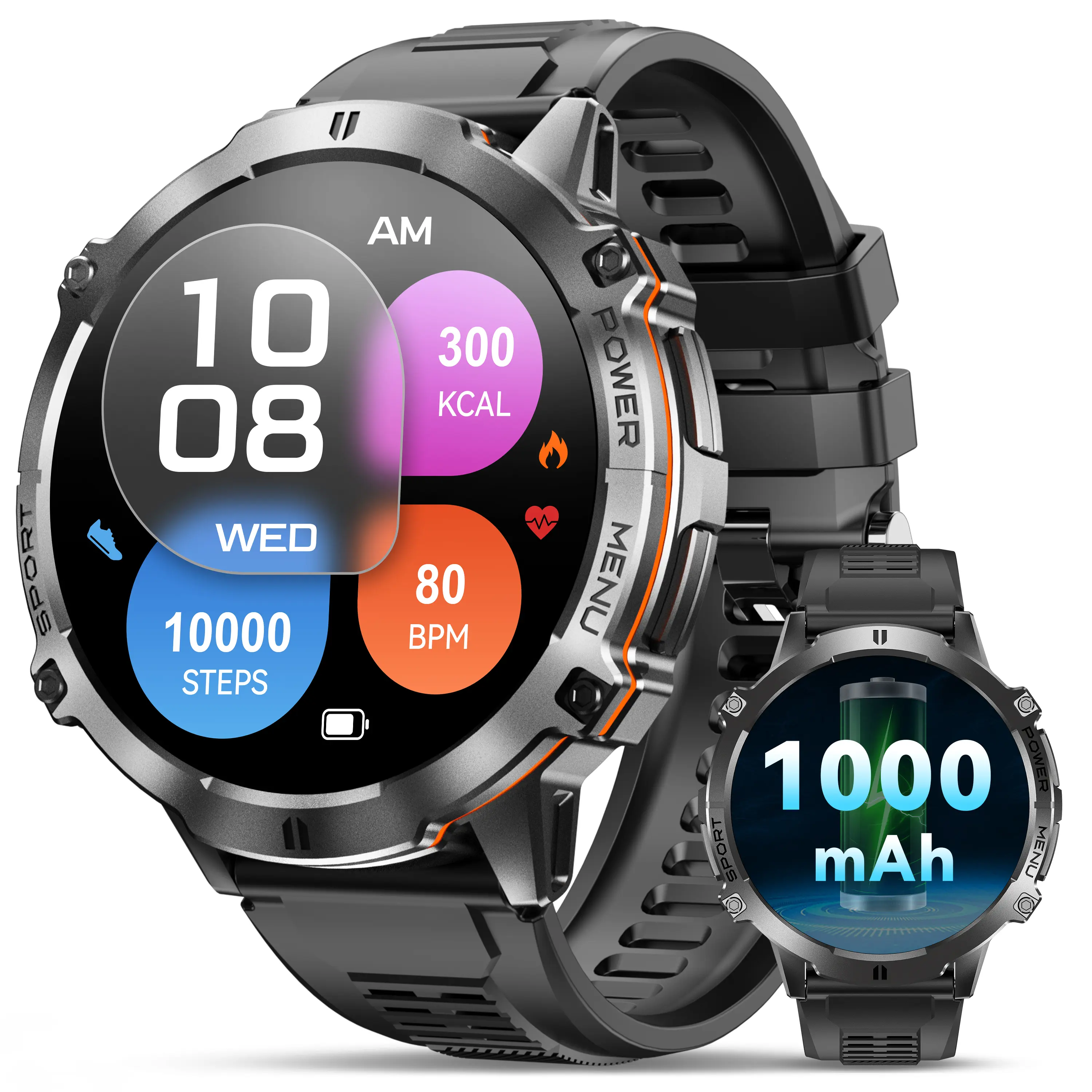 OUKITEL Military Smart Watch for Men - 1.73" AMOLED Wearable Electronic Sport Watch, Bluetooth Call, 1000mAh Battery, IP68 Waterproof, iOS Compatible,  Sports Tracking Smartwatch with Heart Rate, SpO2, Compass