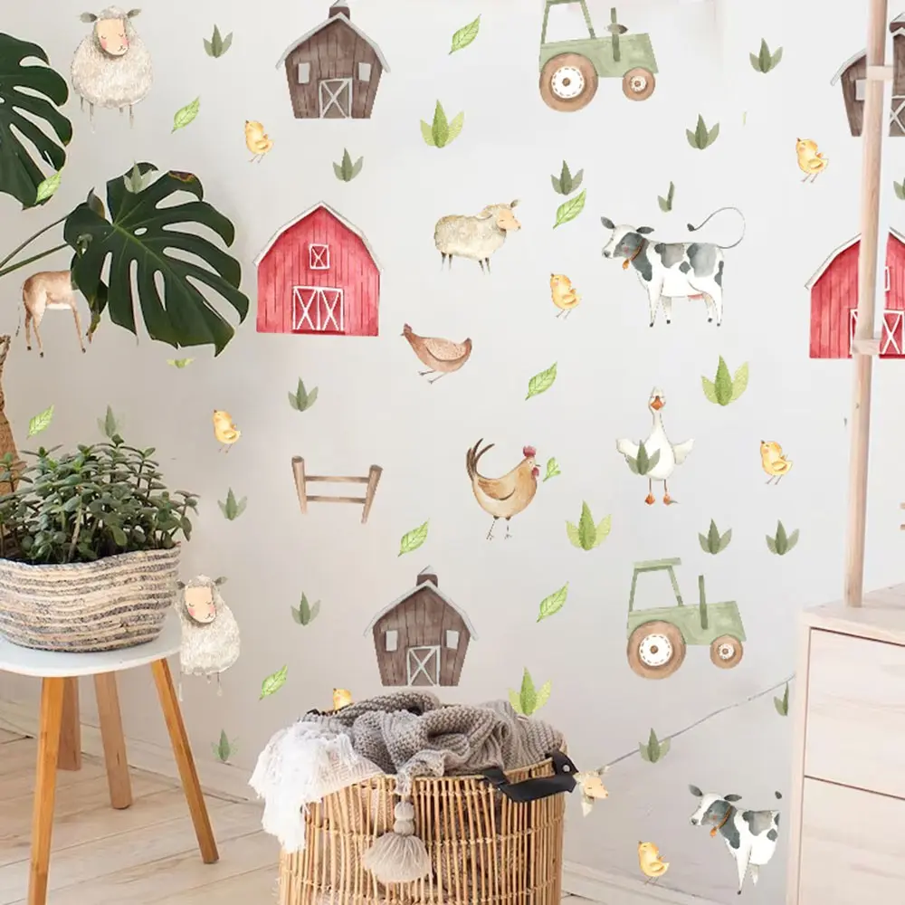 Watercolor Farm Animal Leaf Wall Sticker, Pig Cow Horse Sheep Chicken Duck Decorative Stickers, Bedroom Kitchen Home Decor, Flat Waterproof Wall Sticker, Wall Art Stickers, Wall Decal