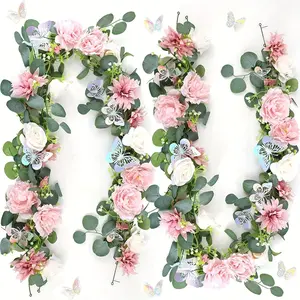 1pc 70.86 Inch Elegant Pink & White Rose Floral Vine with Green Leaves and Butterfly Accents - Perfect for Wedding Arches, DIY Home Decor, Porch, Garden, or Fence Decoration, Festive Event Decor | Classic Style Vine | Lush Greenery Decor
