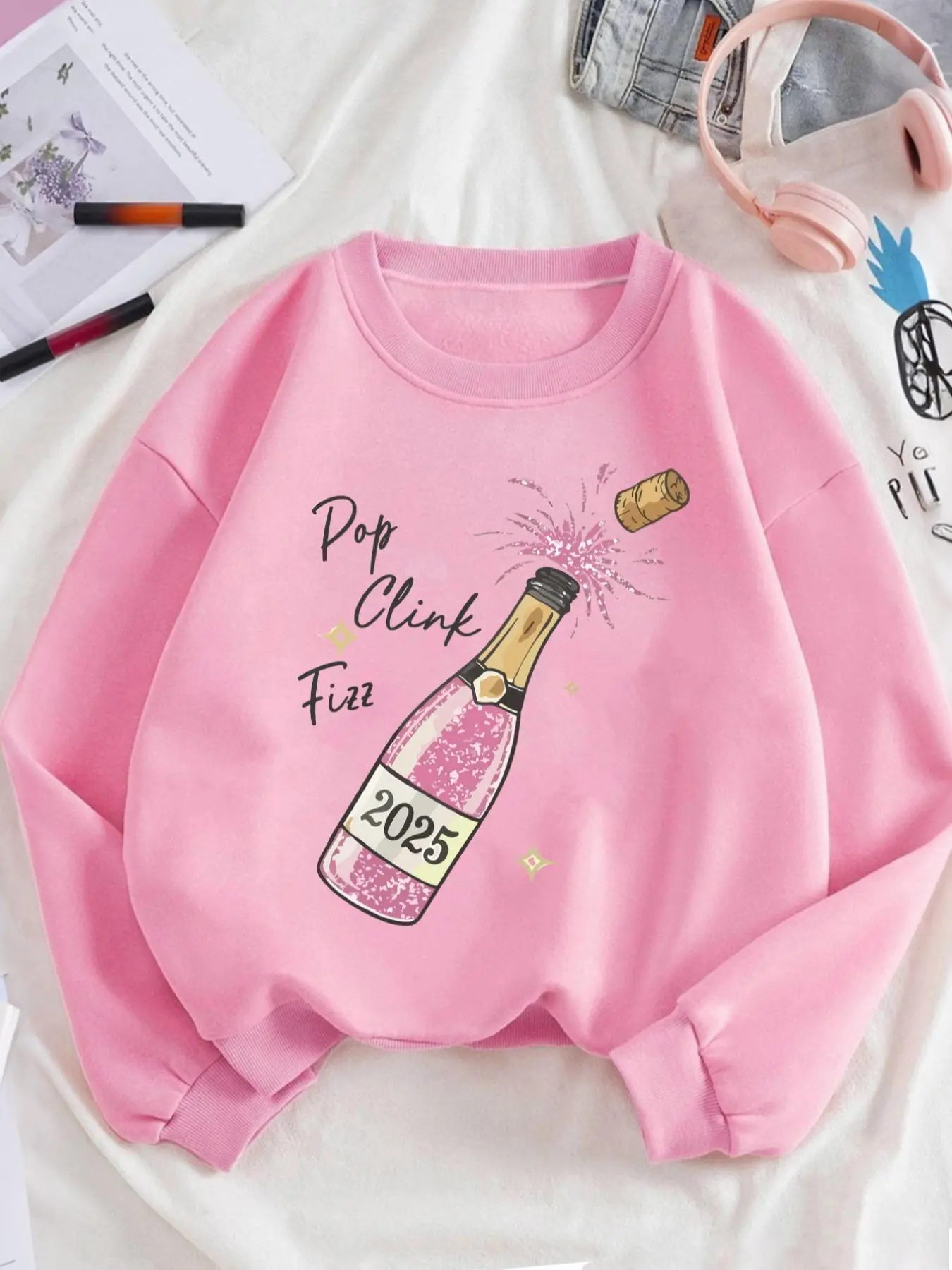 Women's Champagne Bottle & Letter Print Crew Neck Sweatshirt, Casual Long Sleeve Drop Shoulder Pullover for Fall & Winter, Women's Clothes for Daily Wear