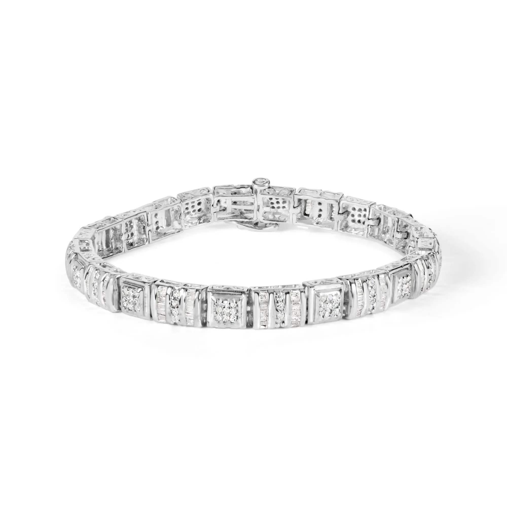 10K White Gold Round and Baguette Cut Diamond Bracelet (2.00 cttw, H-I Color, I2-I3 Clarity)
