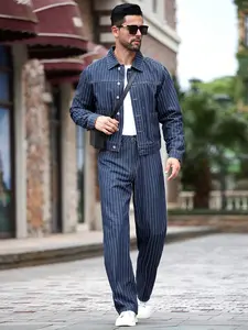 Men's 2 piece set - Men's Striped Jacket & Jeans Set – Ideal for Work & Weekend Outings tiktok shop deals shirts men long sleeve shirt men clothing jackets outfits men long sleeve men fall outfits button shirt fall outfit Motocross Formal Chainsaw