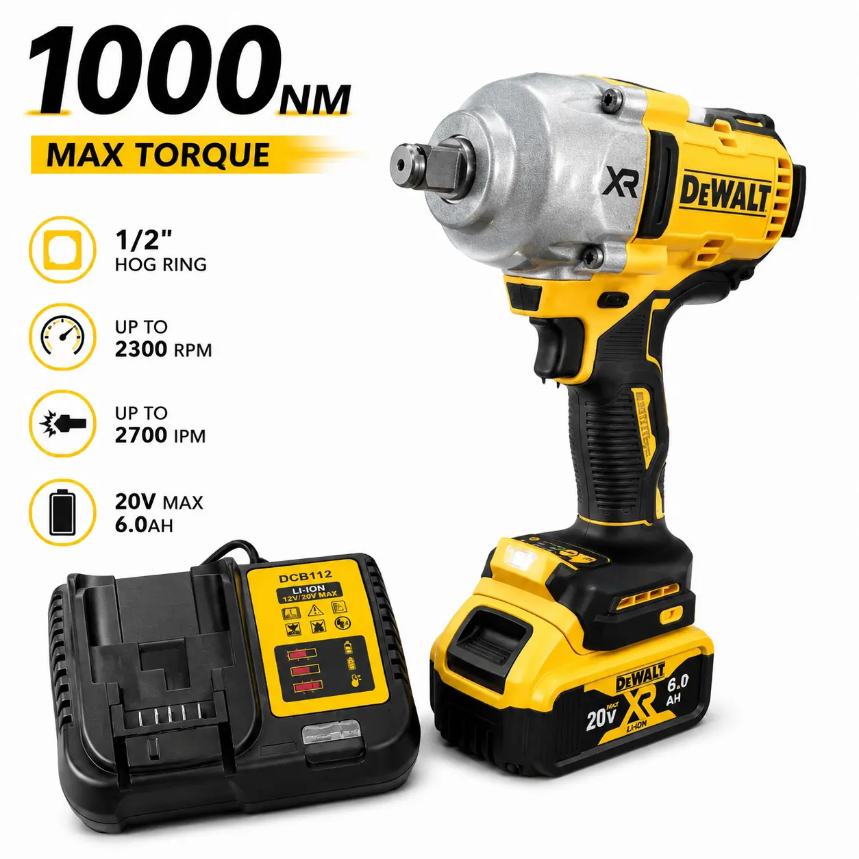 Dewalt DCF900 20V Cordless Impact Wrench, 1000 Nm Torque, 6.0Ah Li-Ion Battery, Multi-Speed, for Automotive & Industrial Tasks