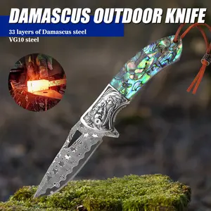 Damascus Pocket Knife, Damascus Sheath, Lined Lock, Thumb Hole, Flip Open, Camping Outdoor Knife， Perfect for Camping, Backpacking, and Outdoor Adventures - Durable High-Hardness Blade, Easy to Carry and Use