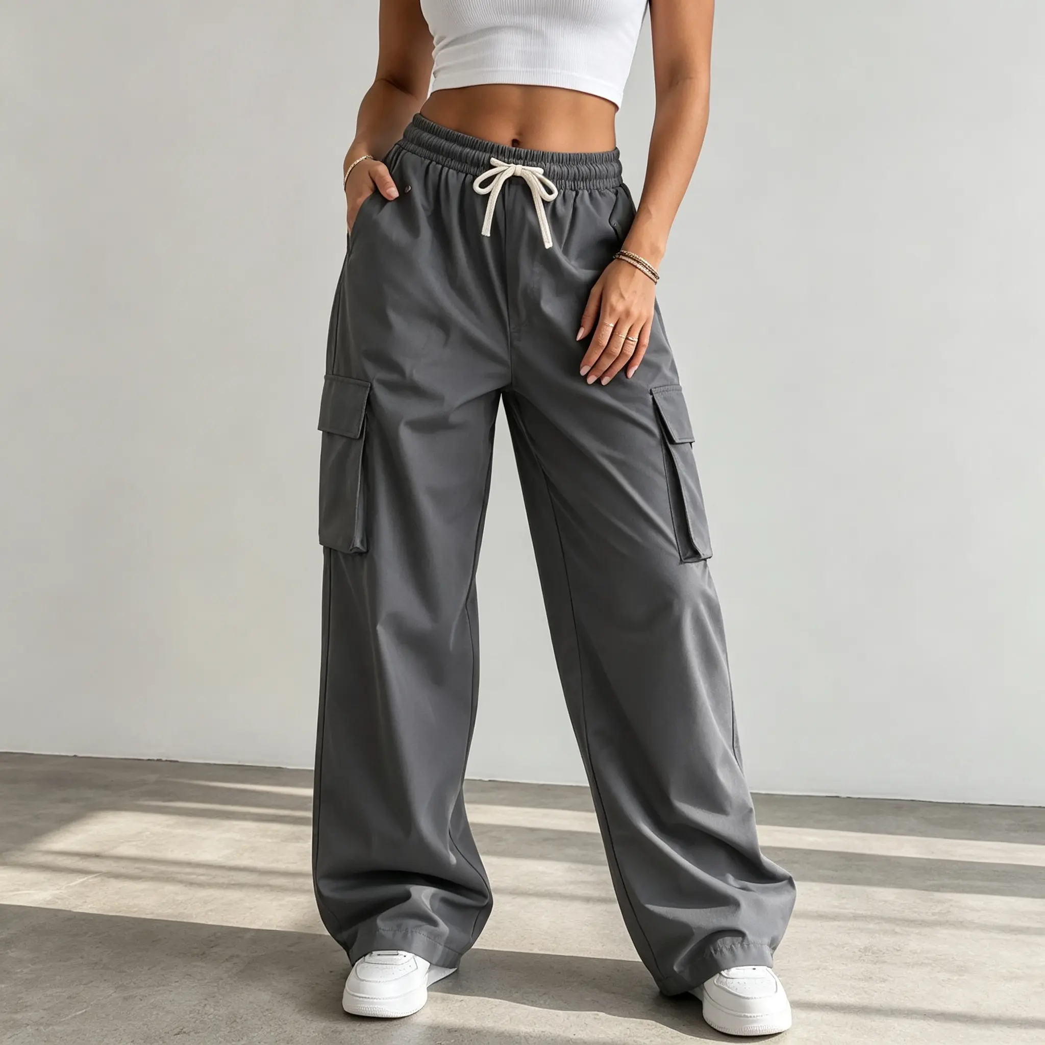 Women’s Y2K Gorpcore parachute cargo pants | Loose wide-leg fit | Venice beach street style | Loose drawstring long pants