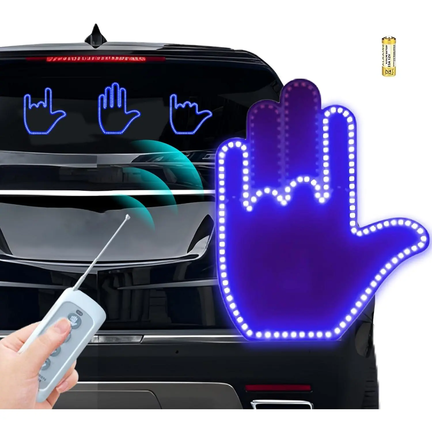 Road Rage Hand Led Sign for Car Window, Blue Finger Hand Gesture Light with Remote, 4 Gestures & 4 Types of Luminous Modes Led Flip Off Hand for Car