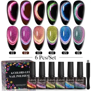 7.5ML Aurora Starlit Iridescent Cat Eye Gel Nail Polish Set, Magnetic Galaxy Cat Eye Nail Gel Polish, 6 Colors Nail Art Manicure Gift, Contains 1 Magnet,Soak Off UV LED Gel Polish