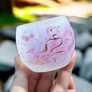 Pink Nine-Tailed Fox Glass Tea Cup - Elegant Jade-like Glazed Cup for Tea Lovers