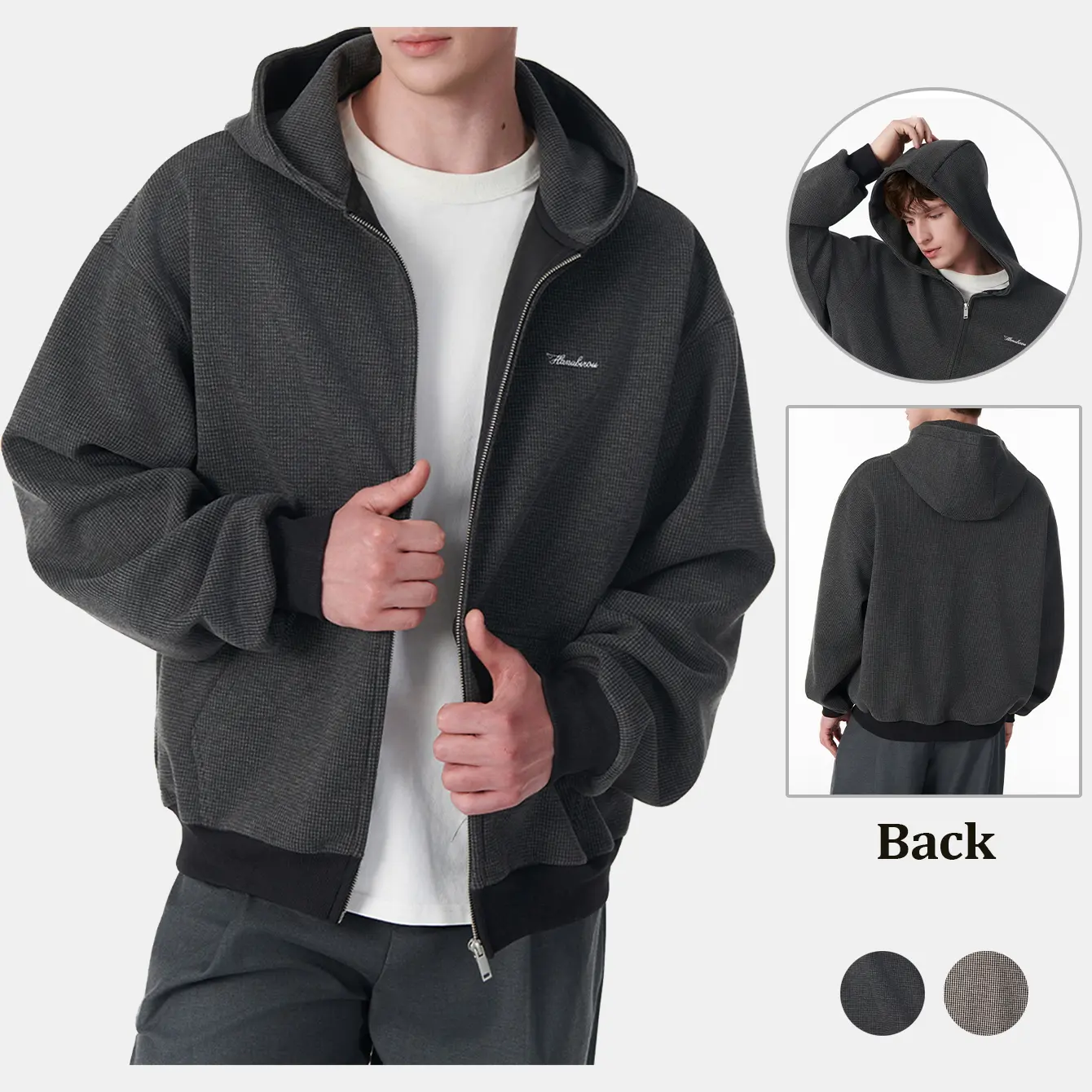 Men's Classic Casual Regular-Fit Short Wide Houndstooth Plaid Zip-Up Front Hooded Overshirt Jacket - Polyester Fabric Menswear Top with Chest Script Embroidery, Rib Cuffs, Rib Hem, Kangaroo Pocket for Spring Autumn Streetwear Look Outerwear, Zip Up Hoodie
