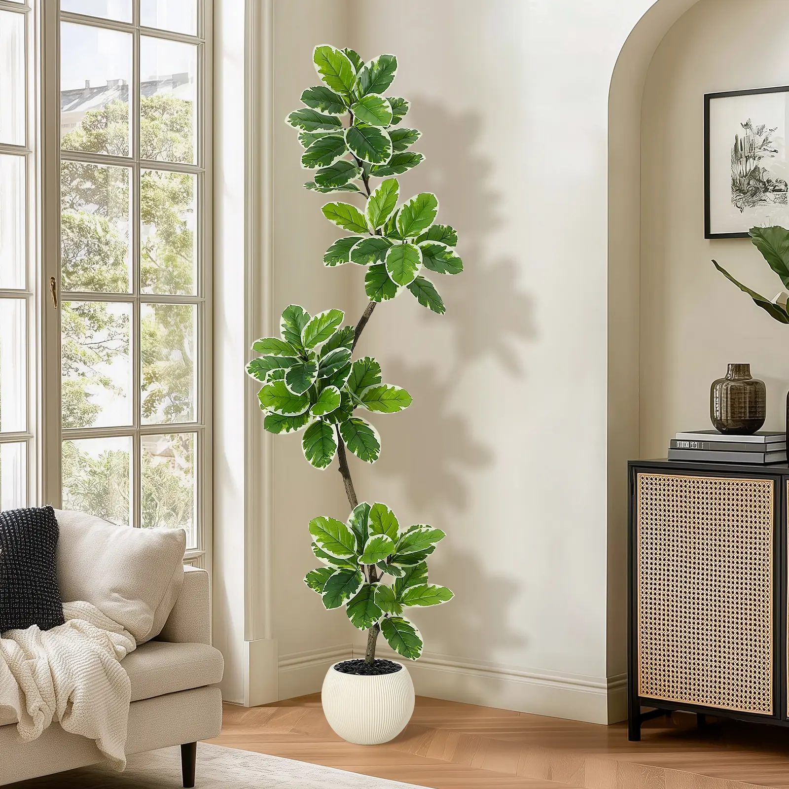 Fiddle Leaf Fig Tree Artificial Indoor, 6FT Tall Faux Rubber Tree with Sphere Planter, Tall Artificial Plants with Moss for Home Decor Office Living Room Decorative Fruit Gift Ornaments